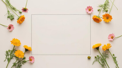 Floral Frame with Copy Space: Yellow and Pink Flowers on Cream Background