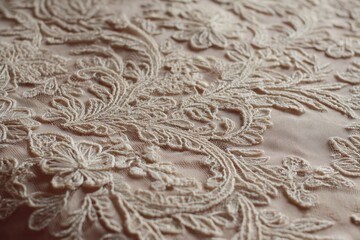 Intricate Lace Fabric with Floral Design on Soft Pink Background