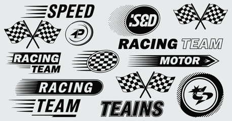 Obraz premium Car racing vector collection in black and white with speed lines, checkered flag templates, sport automotive icons, and race-inspired artwork for motorsport branding and design
