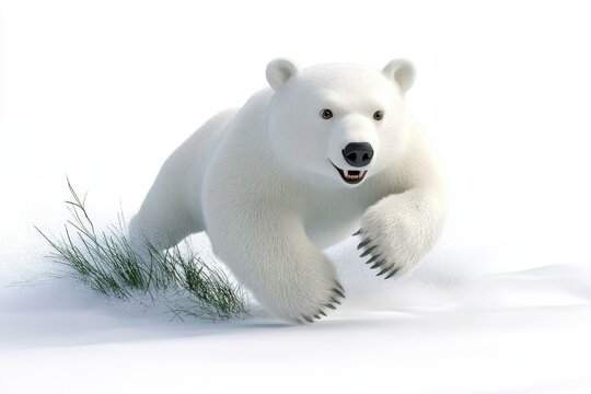 Polar bear running across snow 3d cartoon character on white background