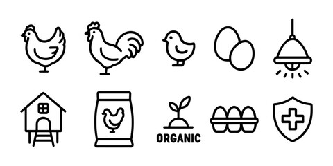 Outline icons representing poultry farming and egg production. Includes chickens, rooster, chick, eggs, lamp, coop, feed bag, organic label, egg tray, and health shield symbol.