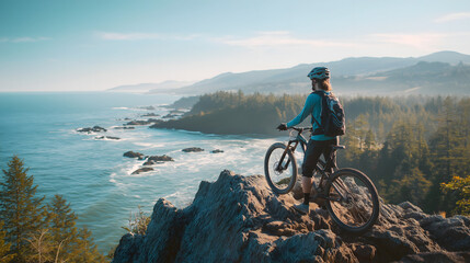 Obraz premium Mountain Biking Adventure: Outdoor Travel and Nature Exploration in a Coastal Landscape Scenic View