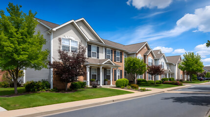 Obraz premium Stunning Residential Architecture: Beautiful Suburban Homes on a Tree-Lined Street with Curb Appeal
