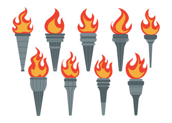 Set of fire torch set collection, burning torches vector icons with different flame and handle styles. Ideal for Olympic, patriotic, sports event, mythology, and symbolic fire-themed design projects.