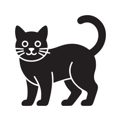 A black cat standing with its tail curled up on a white background in a simple vector style