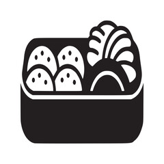 A black and white graphic illustration of a bento box filled with food items in compartments