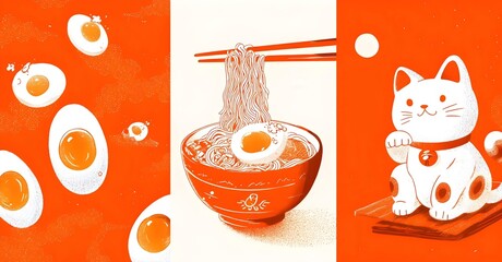 ramen egg noodles with maneki-neko cats,