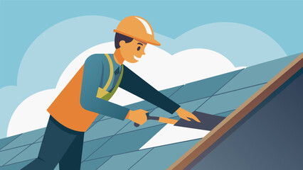 A worker using a specialized tool to smoothly seal and secure the edges of shingles.. Vector illustration