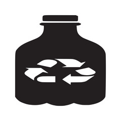 A black plastic bottle with a white recycling symbol on it against a white background simple design