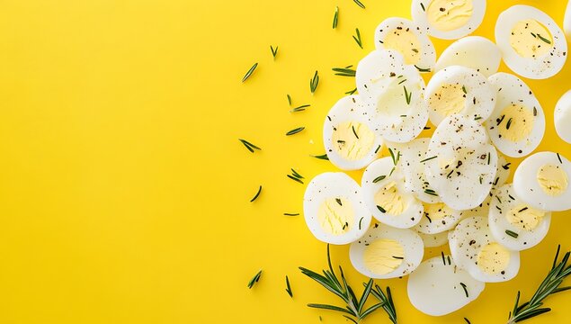 Top view of hard-boiled egg slices and rosemary on a bright yellow background. Minimalist food styling with space for text.

