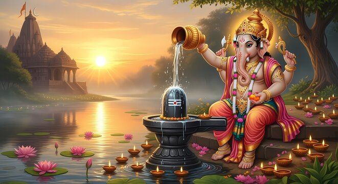 Hindu deity Ganesha pours water over Shiva lingam at sunrise, serene river scene. - Powered by Adobe