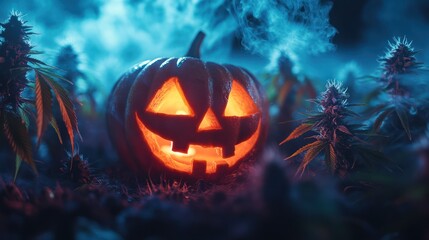 Naklejka premium Glowing Jack-o'-lantern in cannabis field, Halloween night, smoky background, holiday concept