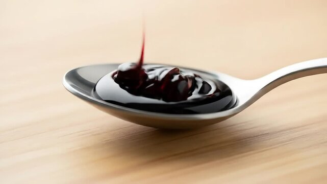 Pouring Balsamic Glaze into a Spoon CloseUp.