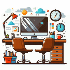 Office workspace a desk two chairs computer desk lamp clocks and various accessories in a cartoon style