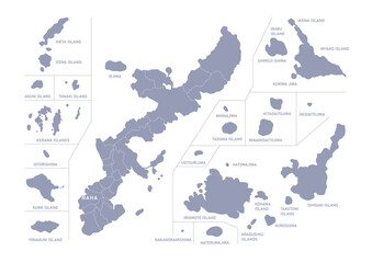 グレー色の日本地図, 沖縄県の行政区分付き地図, Gray colored map of Japan, Okinawa prefecture