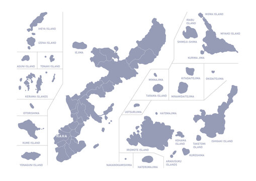 グレー色の日本地図, 沖縄県の行政区分付き地図, Gray colored map of Japan, Okinawa prefecture