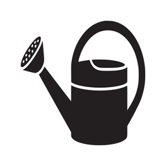A black and white silhouette of a watering can with a handle and sprinkler head on a white background