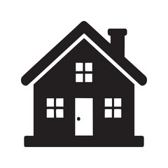 A black and white image of a house with a chimney windows and a door on a white background icon style
