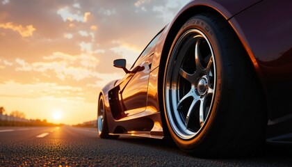Car Driving on The Road at Sunset.