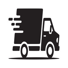 A black and white icon of a delivery truck with motion lines indicating speed and fast delivery