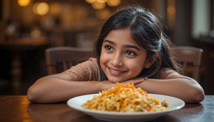 A Kid Happily Leans Across a Table Looking at The Biryani.