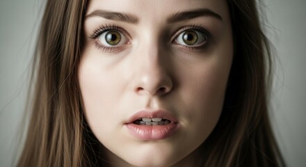 Fototapeta premium Close-up portrait showcases a young woman's face with striking green eyes, brown hair, and a slightly open mouth, emphasizing her expressive features and natural beauty.