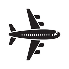 A black airplane icon with wings and engines shown on a white background in a simple flat design