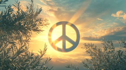 Design a striking image of the universal peace symbol, blending it with elements of nature like olive branches and soft rays of sunlight, set against a tranquil sky, global harmony and unity 