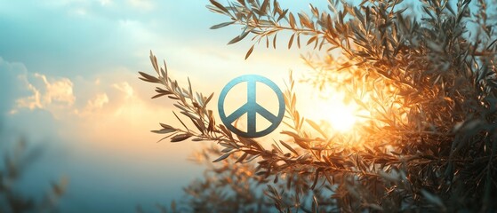 Design a striking image of the universal peace symbol, blending it with elements of nature like olive branches and soft rays of sunlight, set against a tranquil sky, global harmony and unity 