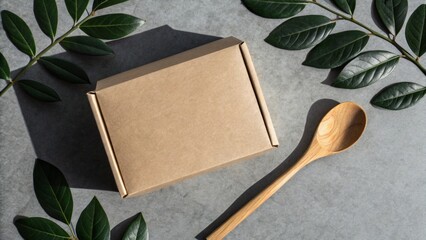 A cardboard box and wooden spoon surrounded by green leaves on a rustic table