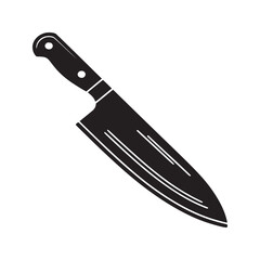 A black silhouette of a chef's knife with a handle and blade on a white background is displayed here