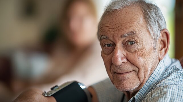 Senior man home blood pressure check, wife blurred background, healthcare