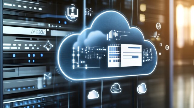 Cloud computing technology displayed over server racks.