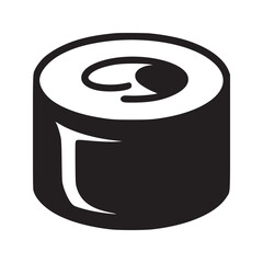 A black and white graphic illustration of a single piece of sushi on a white background