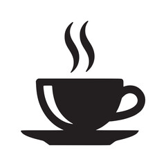 Black silhouette of a steaming cup of coffee or tea on a saucer against a white background design