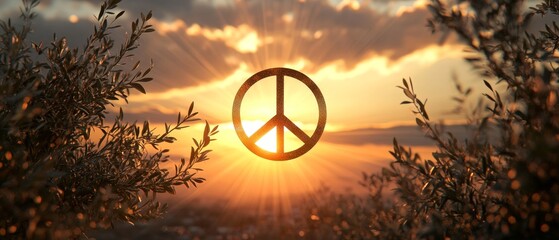 Design a striking image of the universal peace symbol, blending it with elements of nature like olive branches and soft rays of sunlight, set against a tranquil sky, global harmony and unity 