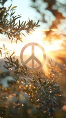 Design a striking image of the universal peace symbol, blending it with elements of nature like olive branches and soft rays of sunlight, set against a tranquil sky, global harmony and unity 