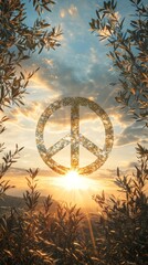 Design a striking image of the universal peace symbol, blending it with elements of nature like olive branches and soft rays of sunlight, set against a tranquil sky, global harmony and unity 
