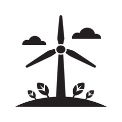 Black and white wind turbine with clouds and leaves on a hill in a minimalist vector illustration