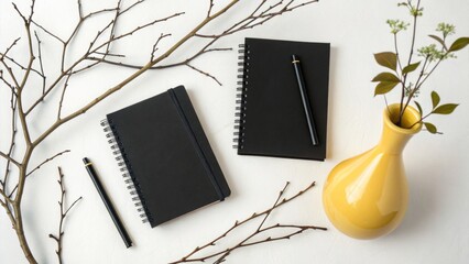 Overhead shot of black notebooks, pens, and a yellow vase with flowers on a white desk
