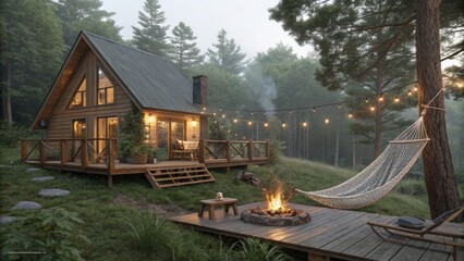 A cozy cabin nestled in the woods with a hammock, fire pit, and string lights at twilight