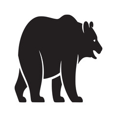 A graphic illustration of a black bear standing on a white background in a simple vector style
