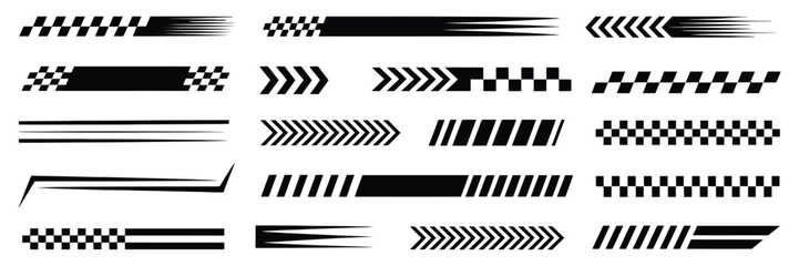Racing cars and race car stripes set, angled checkered patterns, checkered flag, finish line, motocross labels, dynamic lines, sport decals, and vehicle tuning stickers