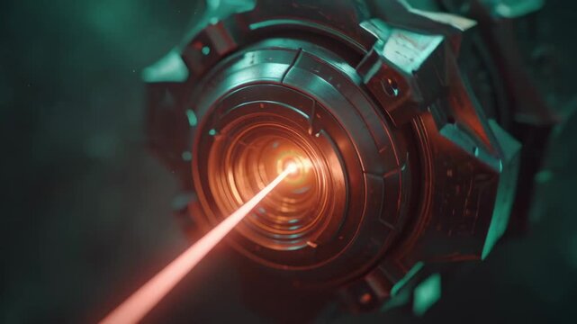 Quantum battery technology with glowing red laser beam emitting from futuristic metallic device dark sci fi environment