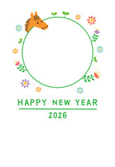 2026年 年賀状 テンプレート 午年 馬 写真1枚 フォトフレーム 白背景