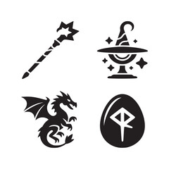 Obraz premium Four fantasy icons arranged on a white background including a dragon and a wizard hat and a rune egg