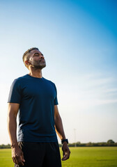 Fototapeta premium Mindful African American man in a blue t-shirt breathing deeply with eyes closed in a sunny park