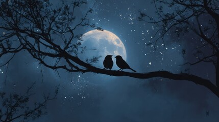 Two silhouetted birds perched on a tree branch under a full moon in the starry night
