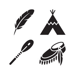 Black and white native american icons featuring feather teepee paddle and moccasin in a grid layout