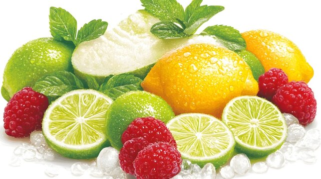 Freshly picked citrus fruits and raspberries arranged on ice.
